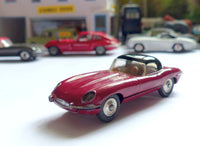 307 Jaguar E type in plum red with black hard top
